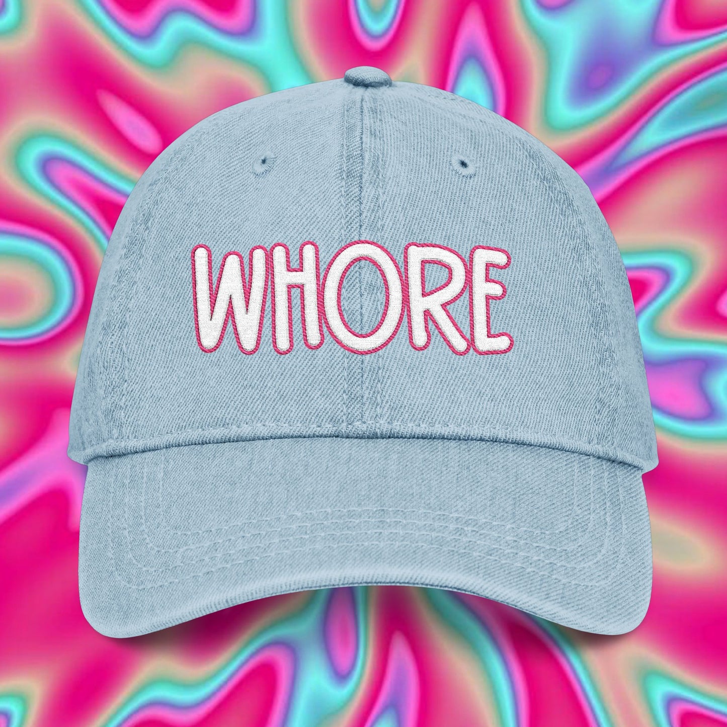 Embroidered Denim Hat — 'WHORE' Bold Script Cap