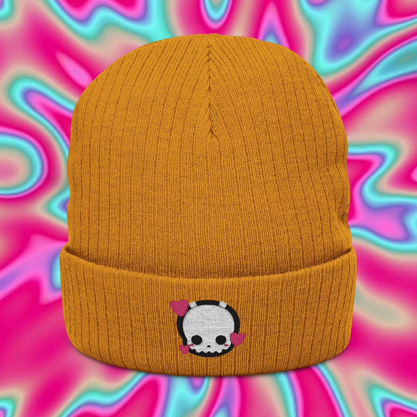 Valentine's Ghost Embroidered Beanie — Ribbed Knit Heart Patch