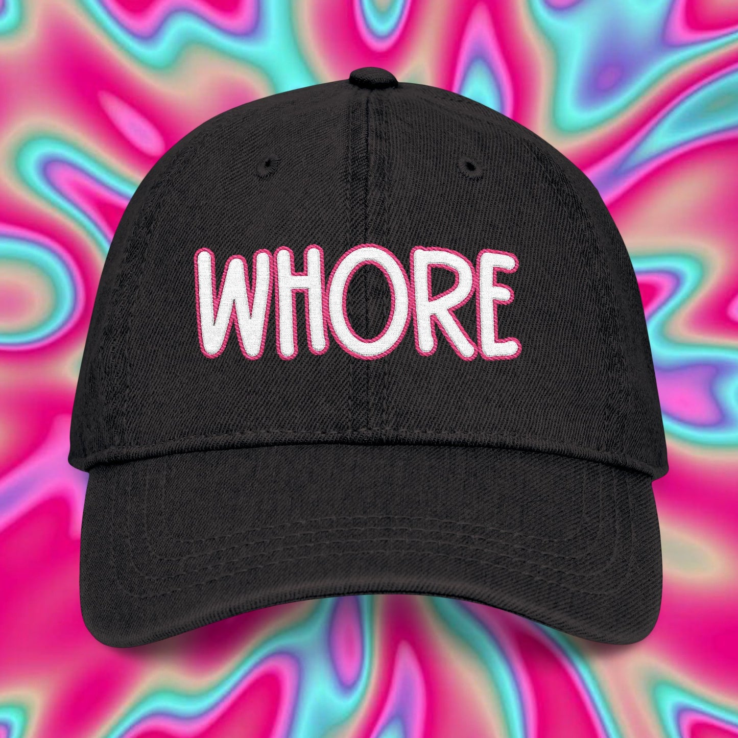 Embroidered Denim Hat — 'WHORE' Bold Script Cap