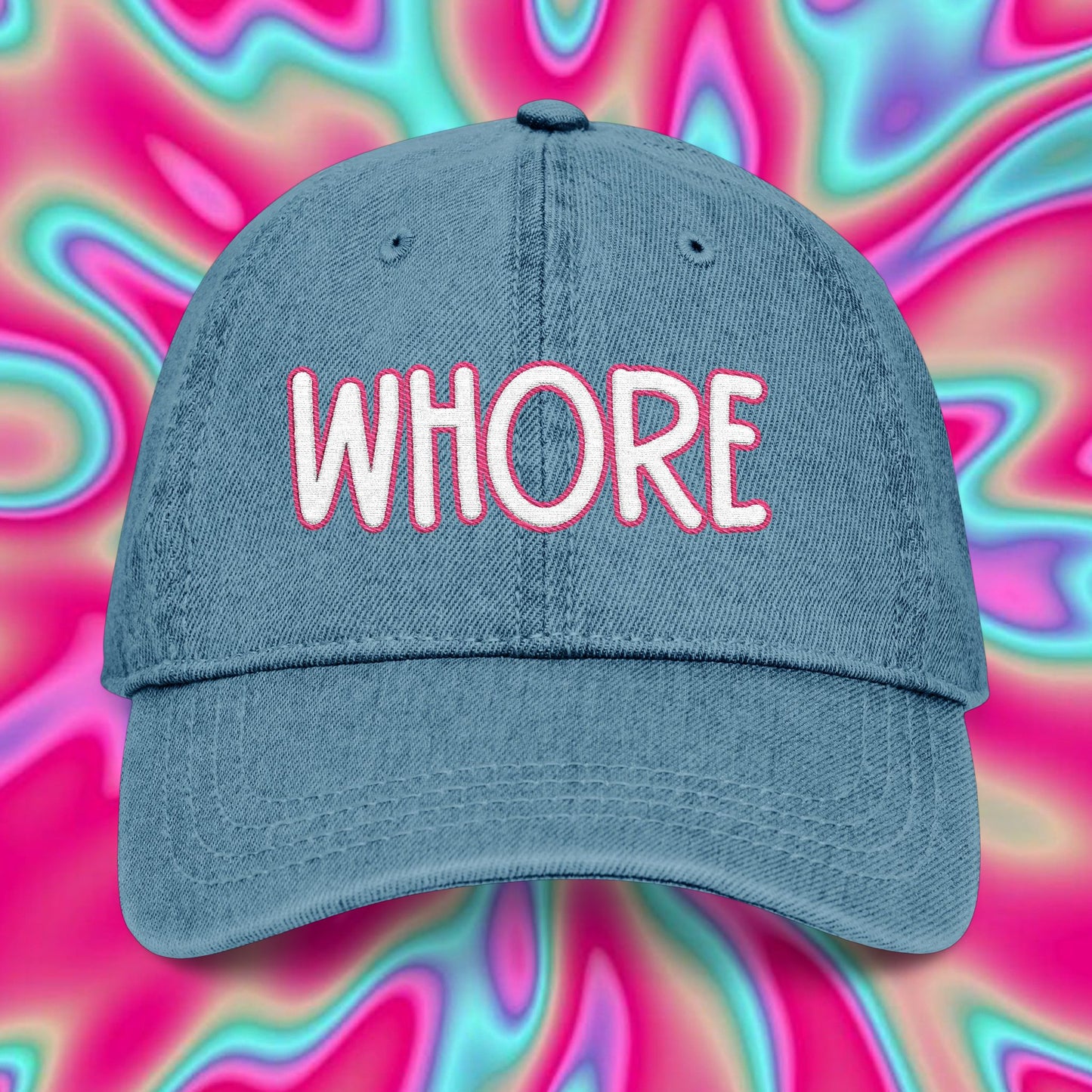 Embroidered Denim Hat — 'WHORE' Bold Script Cap