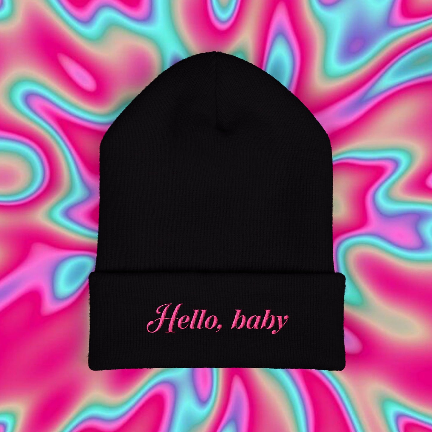 Hello, Baby Embroidered Cuffed Beanie — Cute Pink Script Knit Hat