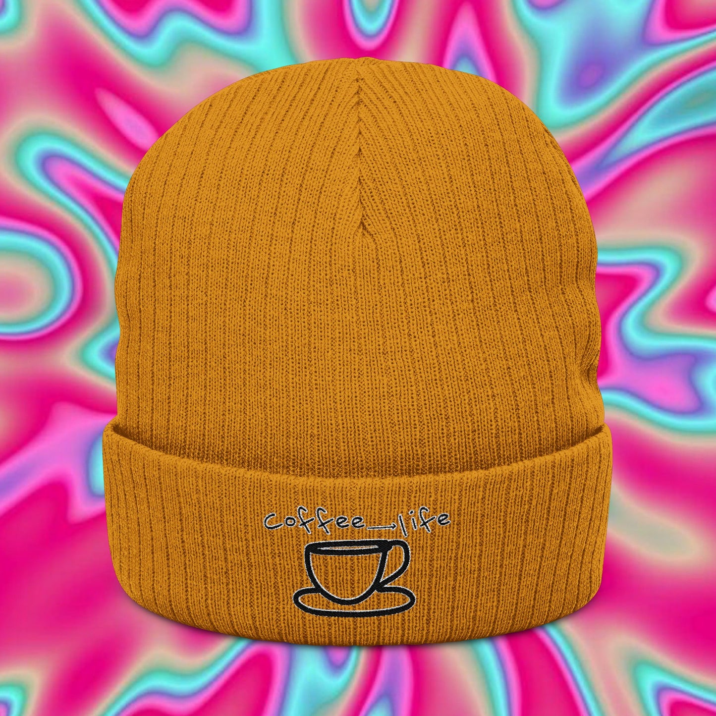Coffee Is Life Ribbed Knit Beanie – Embroidered Mug Design